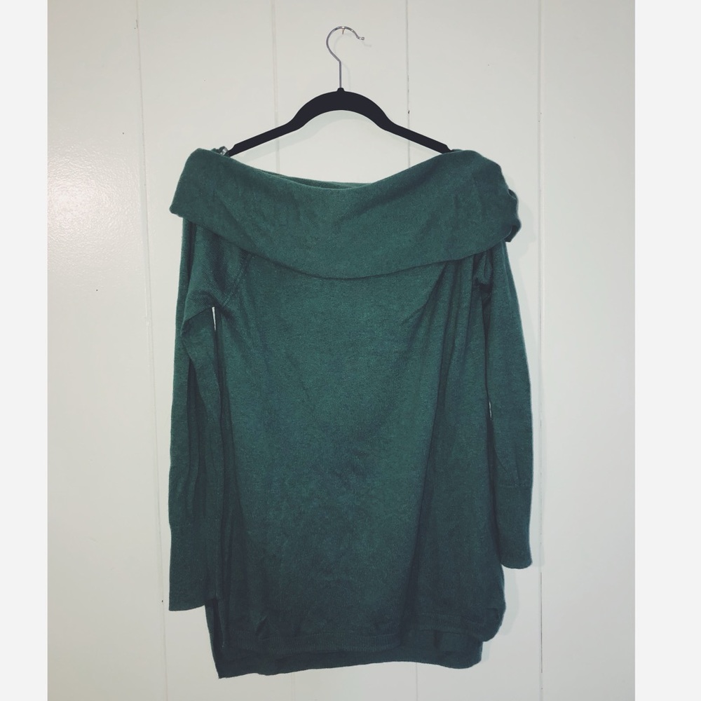 Green off-the-shoulder/ cowl neck sweater.